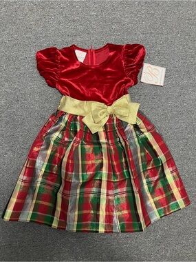 Bonnie Jean Girl’s Red Velvet & Gold Plaid Holiday Dress 6X